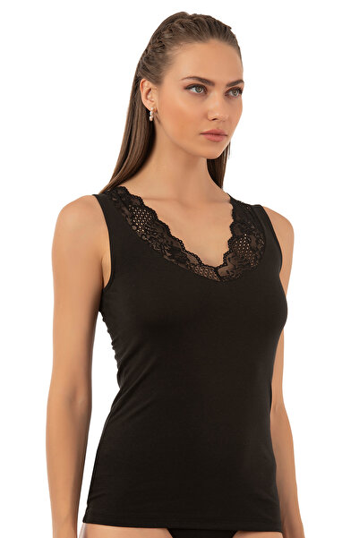 ÖZKAN underwear Özkan 26957 Women's Single Jersey Cotton Flexible Comfortable Soft V-Neck Lace Detailed Thick Strap Undershirt