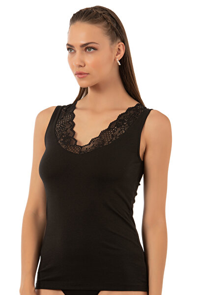 ÖZKAN underwear Özkan 26957 Women's Single Jersey Cotton Flexible Comfortable Soft V-Neck Lace Detailed Thick Strap Undershirt