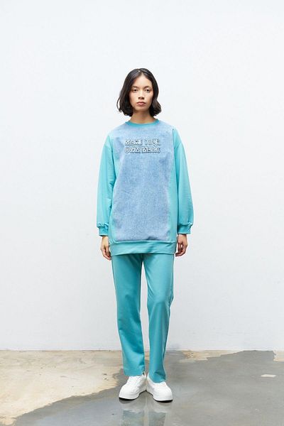 Basicpark Water Green Embroidered Women's Denim Sweatshirt - Crew Neck, Skinny Leg Trousers, Knitted Cotton