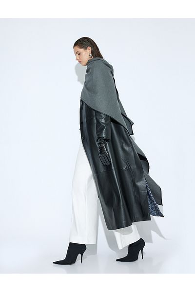 Koton Zweireihiger Trenchcoat aus Kunstleder – extra lang, mit Knöpfen und Taschen