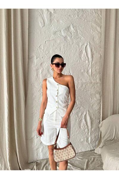 Dilek Aydın Atelier Ekru Casual %100 Keten Tek Omuz Yelek- Şort Takım