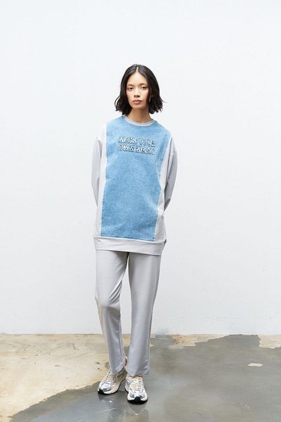 Basicpark Gray Embroidered Denim Women's Sweatshirt - Crew Neck, Skinny Leg Trousers, Cotton Knitted