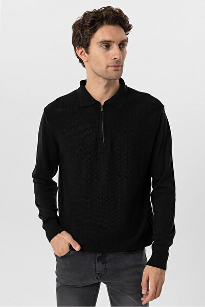 SÜVARİ Polo Collar Zipper Detailed Regular Fit Dobby Knitwear Sweater