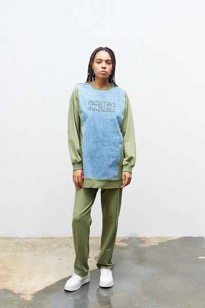 Basicpark Women's Dark Khaki Colored Crew Neck Embroidered Sweatshirt and Skinny Cotton Trousers Set