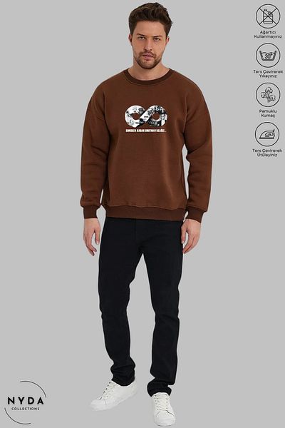 Nyda Collections Унисекс суитшърт с дълъг ръкав, щампа Ataturk Infinity и кръгло деколте, без качулка и повдигнати елементи