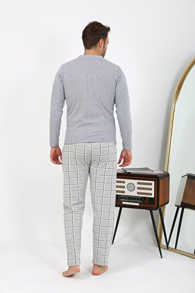 Akbeniz Ανδρικό μακρυμάνικο βαμβακερό γκρι σετ πιτζάμα 6861
