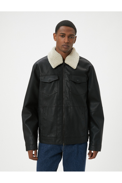 Koton Μπουφάν από συνθετικό δέρμα γιακά με γούνινη τσέπη με φερμουάρ και λεπτή εφαρμογή