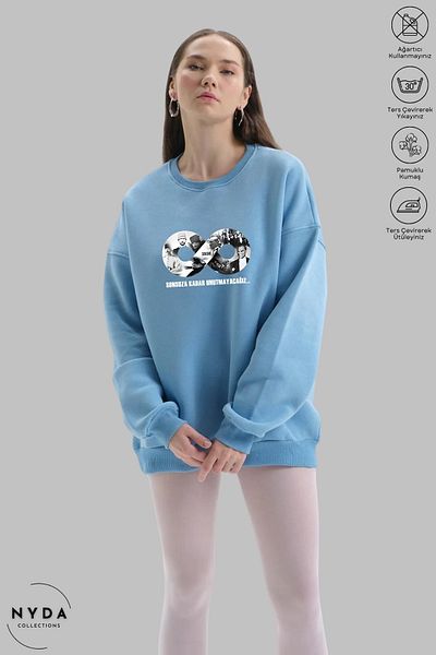 Nyda Collections Hanorac supradimensionat unisex cu mânecă lungă Ataturk Infinity imprimat cu gâtul turn fără glugă