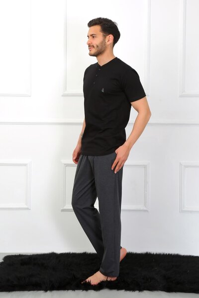 Akbeniz Ανδρικό χτενισμένο βαμβακερό σετ μαύρης πιτζάμας 6824 3 τεμαχίων