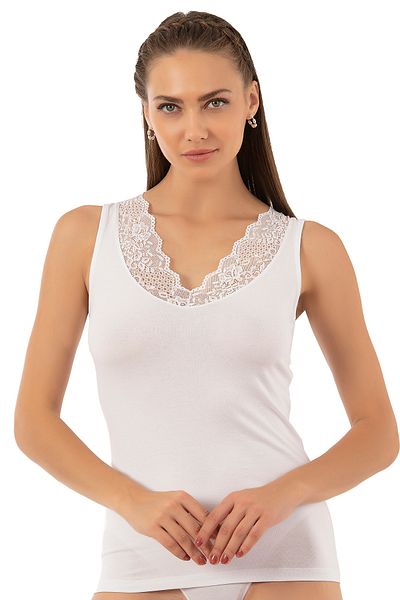 ÖZKAN underwear Özkan 26957 Women's Single Jersey Cotton Flexible Comfortable Soft V-Neck Lace Detailed Thick Strap Undershirt