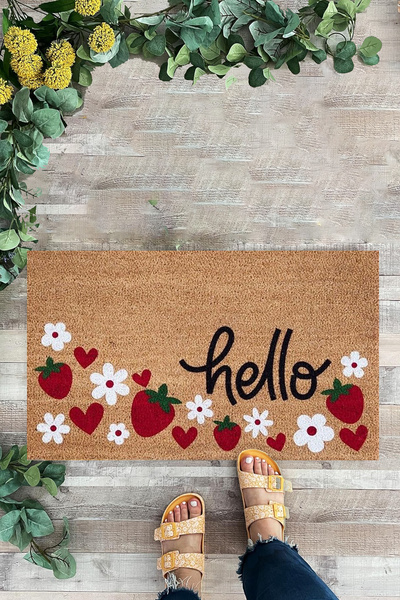 KARMAT Strawberry, Floral Patterned Hello Written Interior and Exterior Door Mat