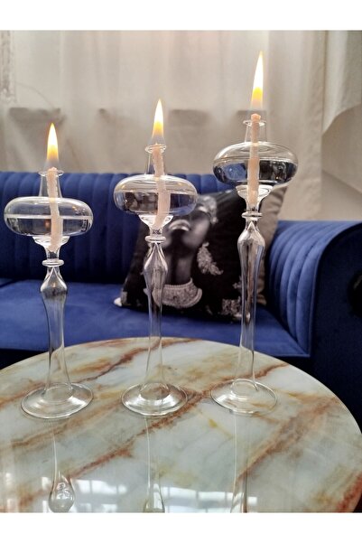 püür glass Dekoratif Hediyelik El Yapımı Elips Kandil 3'lü Set (200 ML 'ŞEFFA...