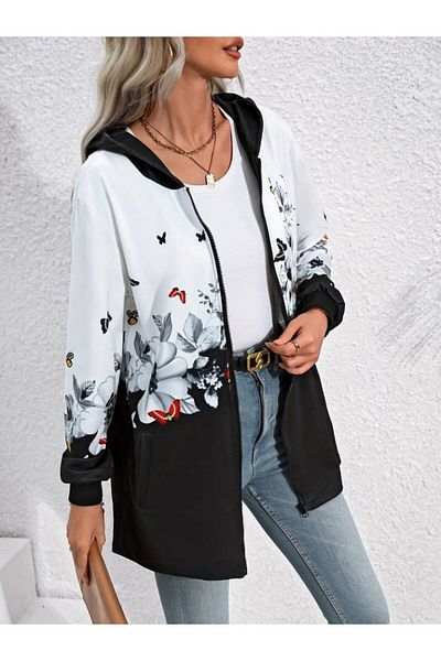 neoduno Women's Long Sleeve Hooded Zippered Flower-Butterfly Patterned Raised Diver Jacket