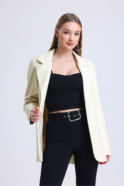 Sense Women's Faux Leather Large Size Leather Jacket| Ckt33280 Ecru