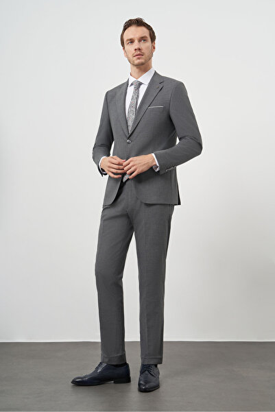 Morven Erkek Gri Yünlü Slim Fit Mono Yaka Takım Elbise