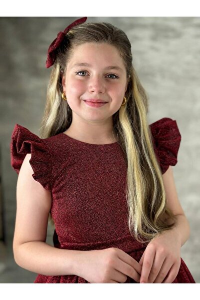 Riccotarz Girl's Shining Burgundy Dress with Ruffles on the Shoulder