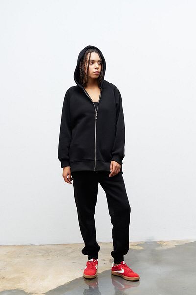 Basicpark Set de top pentru femei negre, cu buzunar, cu glugă interioară, cu fleece