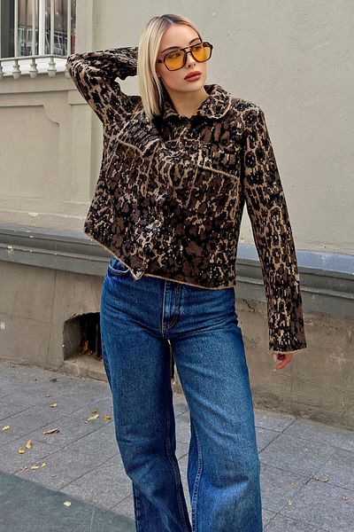 Swist Brown Mix Leopard Covered Polo Collar Buttoned Women's Knitwear Crop Jacket