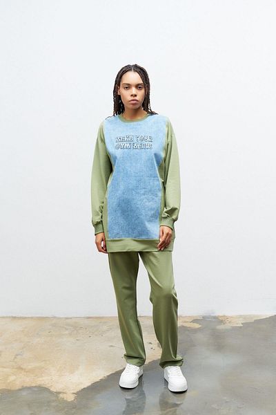 Basicpark Women's Dark Khaki Colored Crew Neck Embroidered Sweatshirt and Skinny Cotton Trousers Set