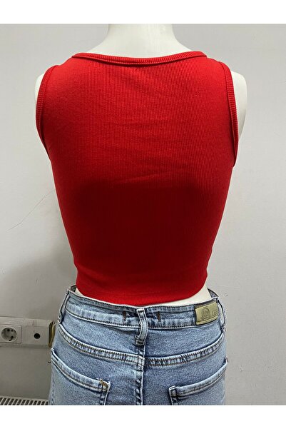 LADY HAZAL Red Halter Neck Crop Top Darkalıp Ribbed Thin Bias Bustier