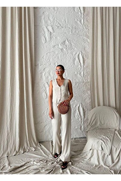 Dilek Aydın Atelier Natural Casual %100 Keten Yelek- Belden Bağcıklı Pantolon...