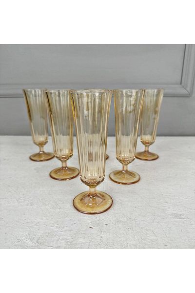 PEKİBU 6-Piece Flute Model - Coffee Side Glass Set, Honey Color