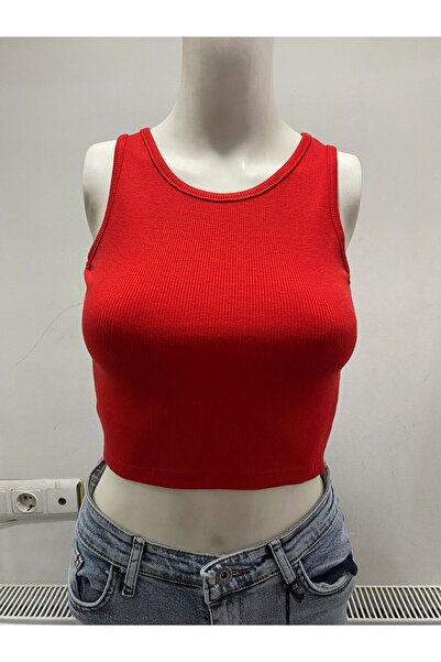 LADY HAZAL Red Halter Neck Crop Top Darkalıp Ribbed Thin Bias Bustier