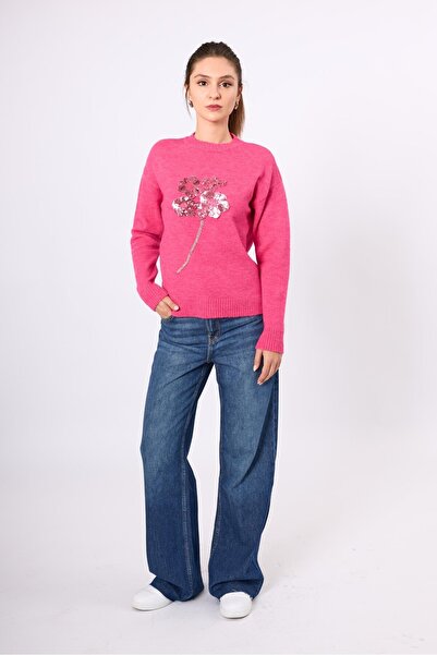 Peraluna Lorna Boncuk Işlemeli Kadın Triko Kazak - Fuşya