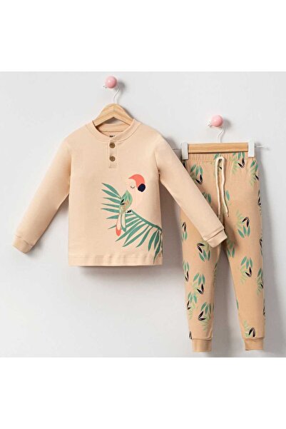 bebegen طقم بيجامة بناتي مكون من قطعتين بطبعة ببغاء بني