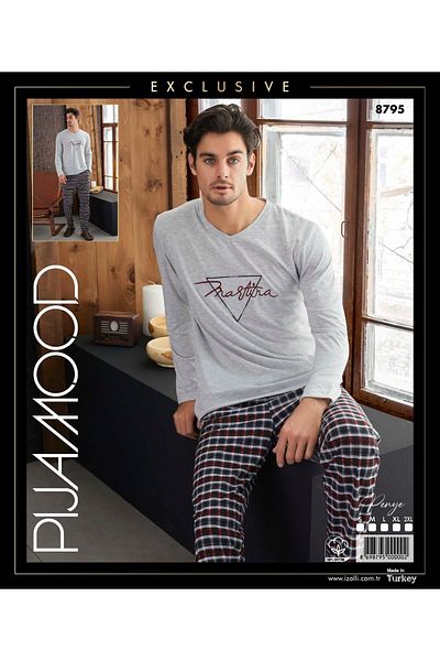 PİJAMOOD Pijamood 8795 Gray Cotton Men's Pajama Set