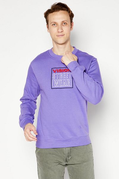 Vision Street Wear Men Crew Neck Long Sleeve Embroidered Logo Sweatshirt, Purple