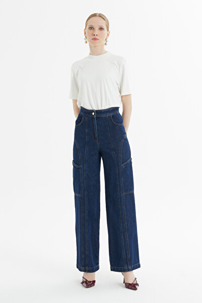 kı.we Parçalı Kontrast Dikiş Detaylı Kargo Mavi Denim Pantolon