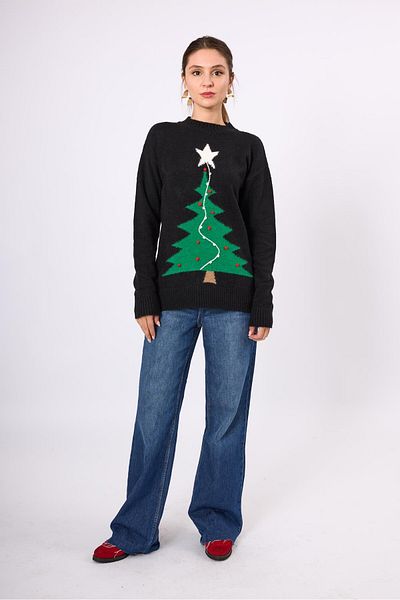 Peraluna Pulover de Anul Nou unisex cu model de pin Happy Times - negru/verde