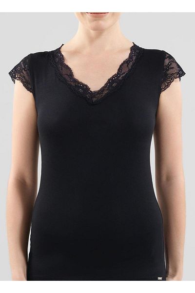 Blackspade 1348 Tricou negru din dantela modal cu decolteu in V