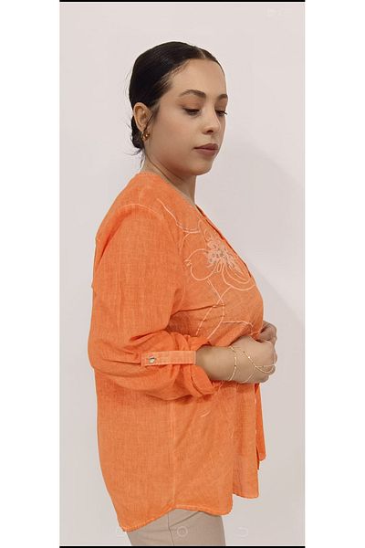 AKŞEN GİYİM 70 cm Tall - Large Size Cotton Linen Embossed Printed Flower and Silver Glitter Detailed Authentic Shirt