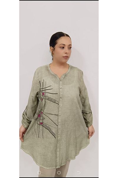 AKŞEN GİYİM Βαμβακερό λινό τουνίκ Plus Size που πλένεται - Στριφτό μανίκι με λεπτομέρεια αστραπής και στάμπα