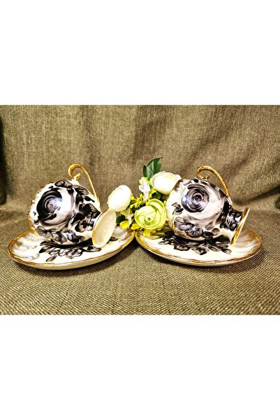 BY.RAYKA PORSELEN El Dekor Bigros Porcelain Hand Painting Set of 2 Coffee Cups