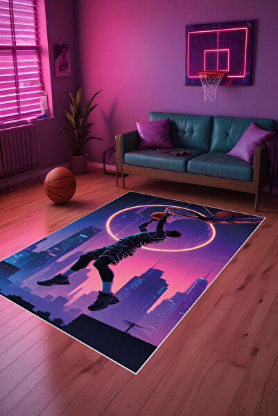 Noble Halı Dijital Baskı Mor Smaç Tonlu Basketbol Temalı Makinada Yıkanabilir...