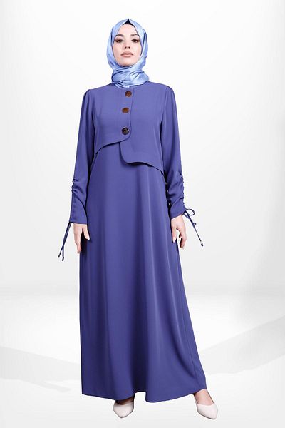 Beyza Κουμπί Λεπτομερής Λαβή Gathered Dark Indigo Color Hijab Φόρεμα 5649