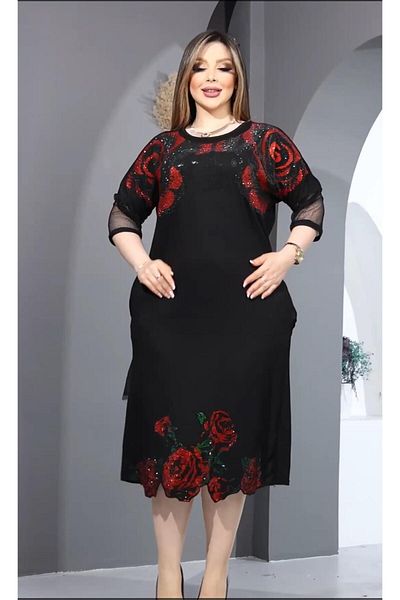 Kokostrendi Crystal Jewelled Dress with Red Roses - BLACK