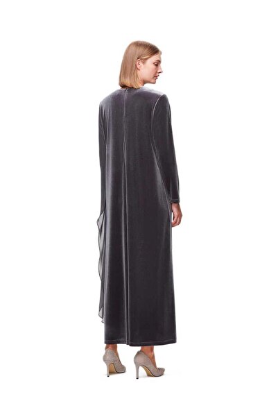 MISS DALIDA Gri Tül Detaylı Kadife Şık Elbise T25K-4013