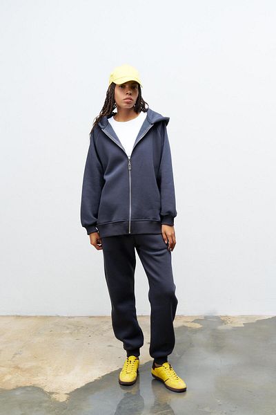 Basicpark Smoked Women's Pocket Label Detailed Hooded Fleece Inside Top and Bottom Set