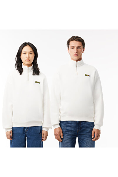 Lacoste Unisex Loose Fit Yarım Fermuarlı Beyaz Organik Pamuk Sweatshirt