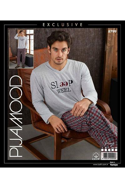 PİJAMOOD Pijamood 8799 Gray Cotton Men's Pajama Set