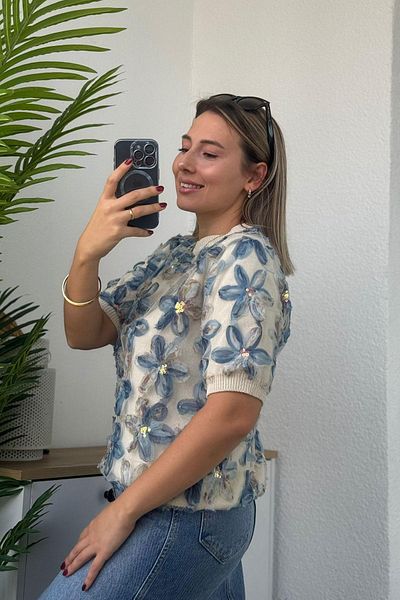 Kubos Moda Tricotaj cu mânecă scurtă albastru floral din tul Pulover subțire