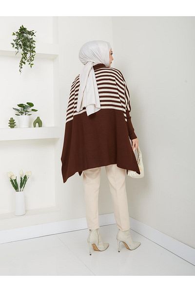 MODAMERSİ Γυναικείο καφέ εκρού ριγέ τεχνικό oversized πουλόβερ
