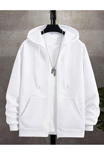 ORLONTEX Unisex White Oversize Hooded Zippered Cardigan