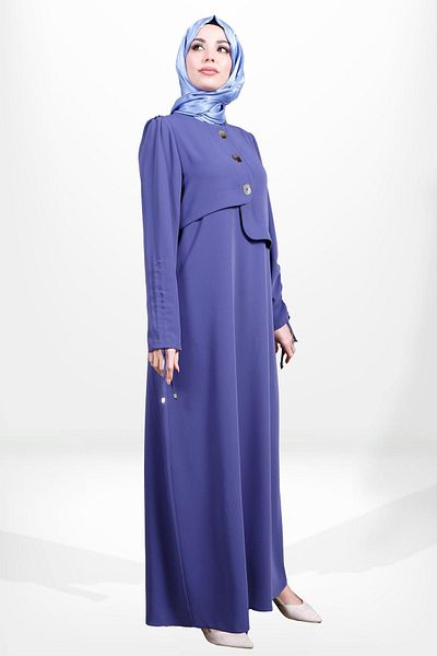 Beyza Κουμπί Λεπτομερής Λαβή Gathered Dark Indigo Color Hijab Φόρεμα 5649