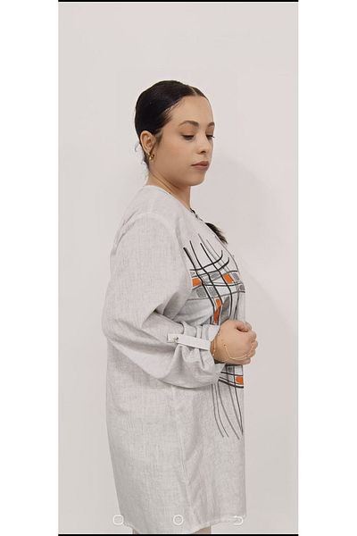 AKŞEN GİYİM Βαμβακερό λινό τουνίκ Plus Size που πλένεται - Στριφτό μανίκι με λεπτομέρεια αστραπής και στάμπα