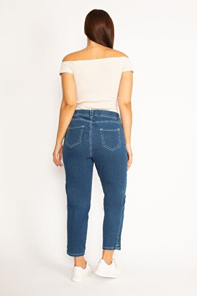 Şans Women's Large Size Navy Blue Pocket Stone Detailed Lycra Denim Trousers 65n34552